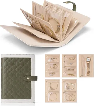 Vlando Travel Jewelry Organizer Case,Mom Gifts from Daughter,Jewelry Storage Book Ring Binder with Clear Zipper Velvet Jewelry Pouch Bag,Travel Essentials for Rings,Necklace,Earrings-Olive Green
