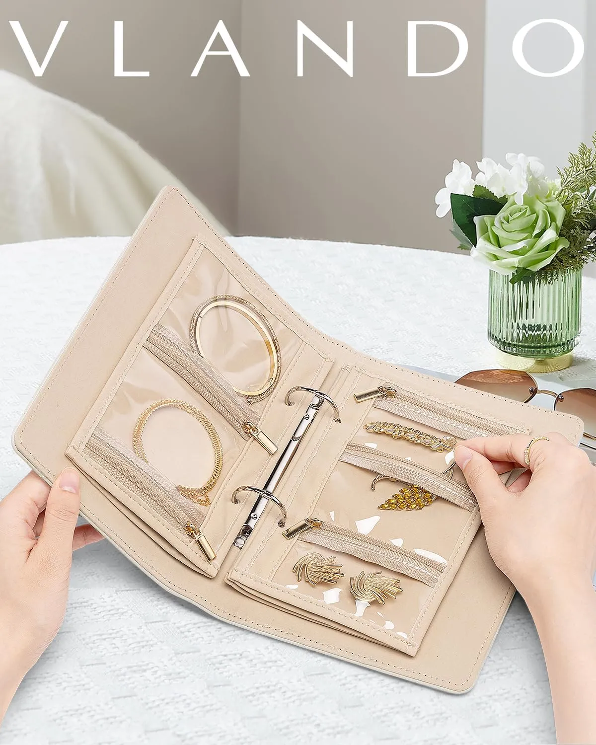 Vlando Travel Jewelry Organizer Case,Mom Gifts from Daughter,Jewelry Storage Book Ring Binder with Clear Zipper Velvet Jewelry Pouch Bag,Travel Essentials for Rings,Necklace,Earrings-Olive Green