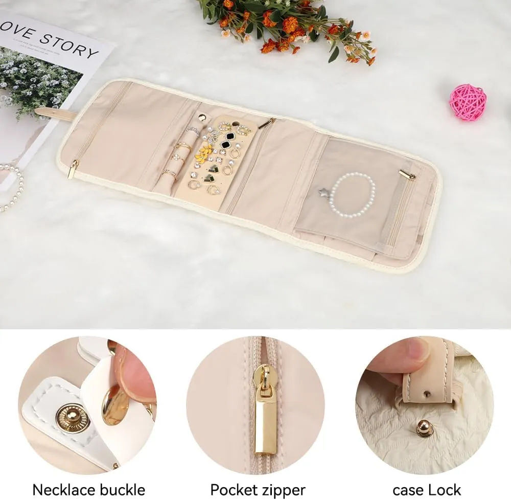 Voova Travel Jewelry Holder Organizer Case, Small Jewelry Storage Bag for Women Girls, Foldable Traveling Jewellery Pouch Roll for Necklaces Rings Earrings Bracelets, Mini, Apricot