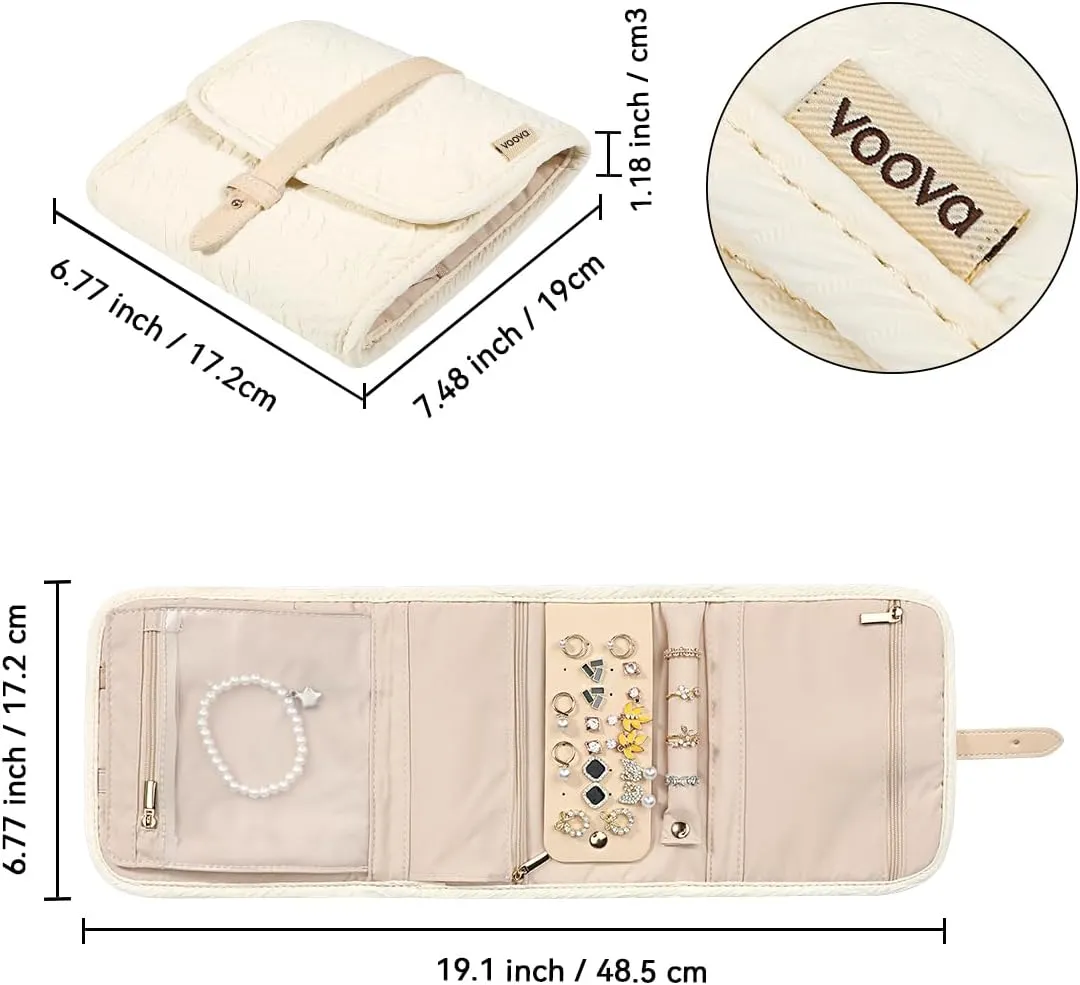 Voova Travel Jewelry Holder Organizer Case, Small Jewelry Storage Bag for Women Girls, Foldable Traveling Jewellery Pouch Roll for Necklaces Rings Earrings Bracelets, Mini, Apricot