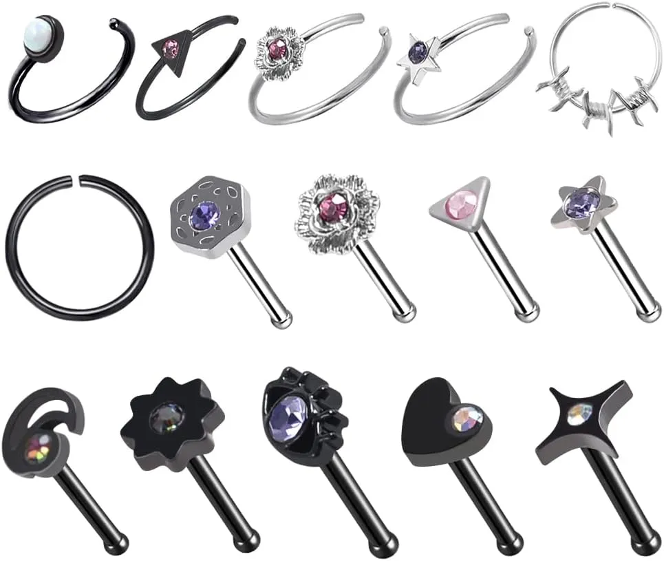 WASOLIE Stainless Steel Nose Rings Studs Piercing Jewelry Colorful Set Septum 20G For Women And Men Jewelry.