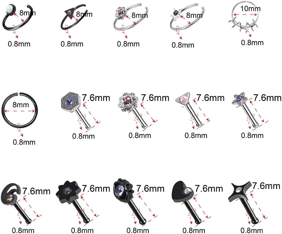 WASOLIE Stainless Steel Nose Rings Studs Piercing Jewelry Colorful Set Septum 20G For Women And Men Jewelry.