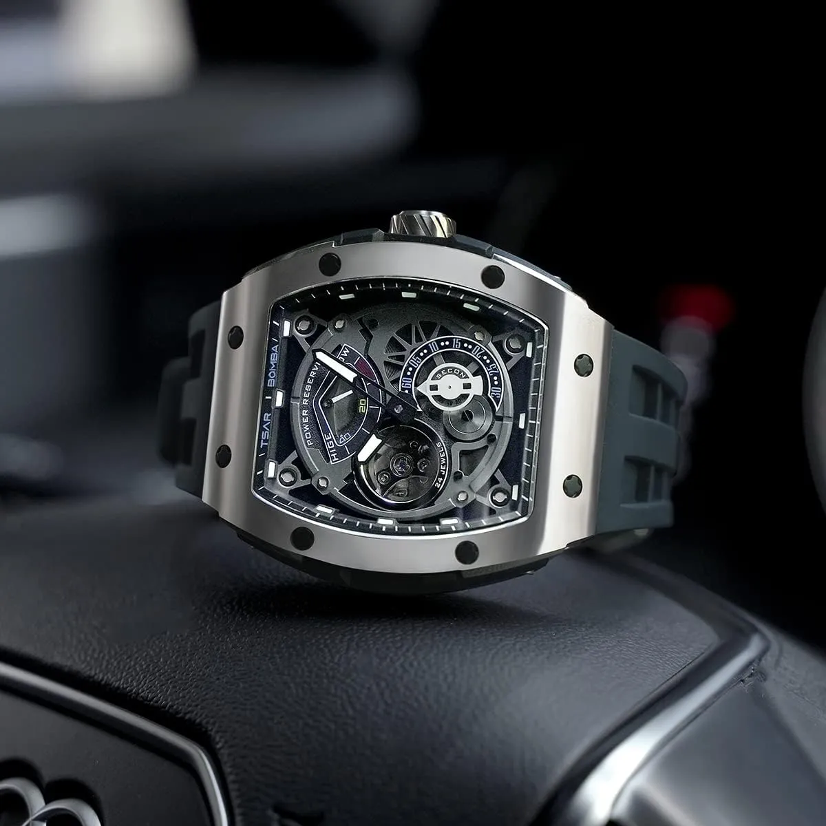 Watchs for Men Automatic - Luxury Tonneau Watch - Energy Storage Indicator - Sapphire Glass - 50m Waterproof - Fluororubber Strap - Gifts for Men