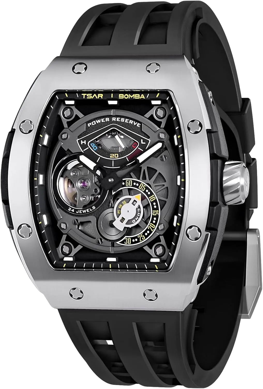 Watchs for Men Automatic - Luxury Tonneau Watch - Energy Storage Indicator - Sapphire Glass - 50m Waterproof - Fluororubber Strap - Gifts for Men
