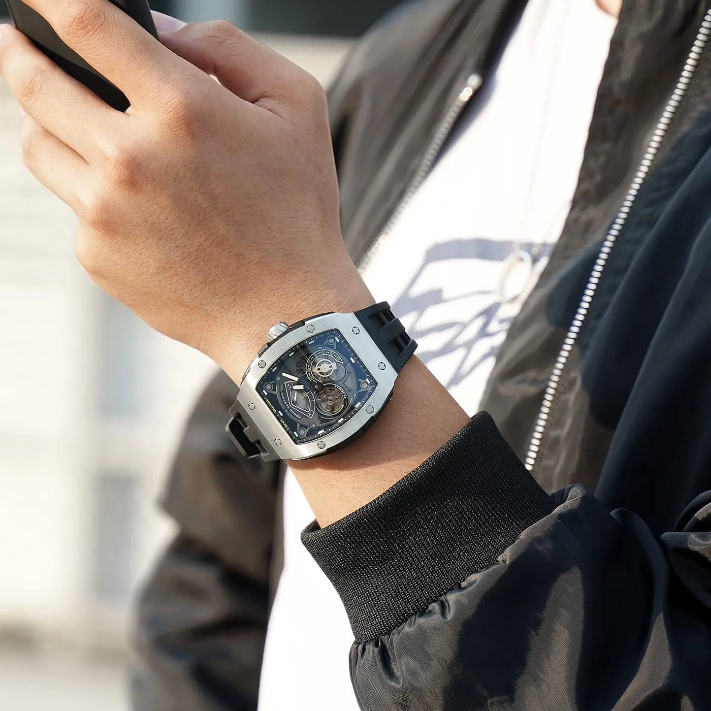 Watchs for Men Automatic - Luxury Tonneau Watch - Energy Storage Indicator - Sapphire Glass - 50m Waterproof - Fluororubber Strap - Gifts for Men