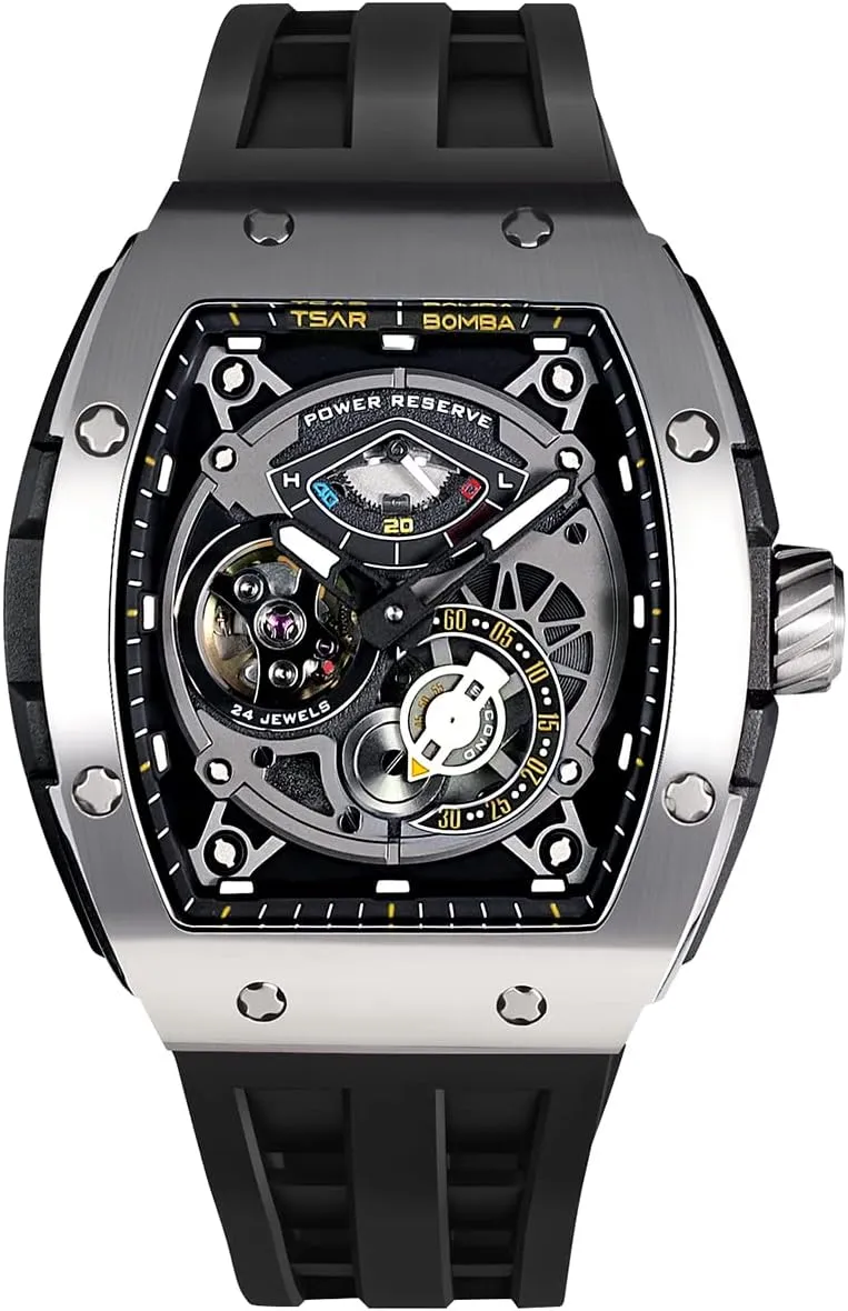 Watchs for Men Automatic - Luxury Tonneau Watch - Energy Storage Indicator - Sapphire Glass - 50m Waterproof - Fluororubber Strap - Gifts for Men