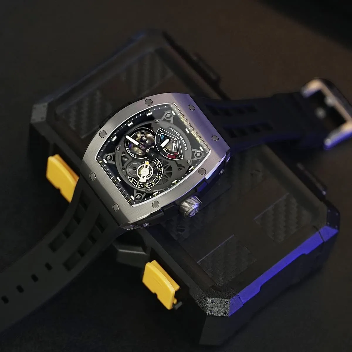 Watchs for Men Automatic - Luxury Tonneau Watch - Energy Storage Indicator - Sapphire Glass - 50m Waterproof - Fluororubber Strap - Gifts for Men