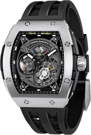 Watchs for Men Automatic - Luxury Tonneau Watch - Energy Storage Indicator - Sapphire Glass - 50m Waterproof - Fluororubber Strap - Gifts for Men
