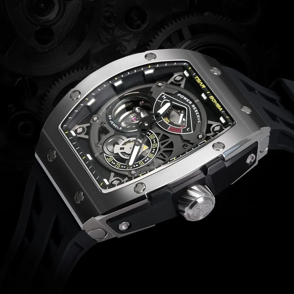 Watchs for Men Automatic - Luxury Tonneau Watch - Energy Storage Indicator - Sapphire Glass - 50m Waterproof - Fluororubber Strap - Gifts for Men