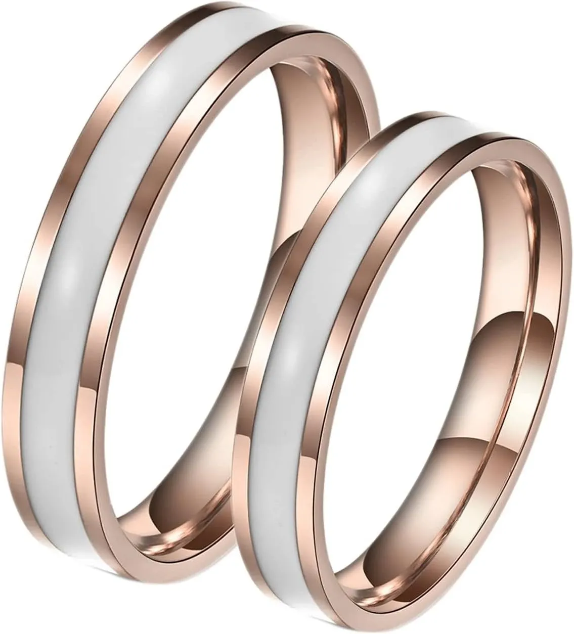 Wedding Bands Sets for Him and Her, Stainless Steel 4mm Rose Gold Ring with White Enamel, Personalized