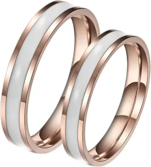 Wedding Bands Sets for Him and Her, Stainless Steel 4mm Rose Gold Ring with White Enamel, Personalized