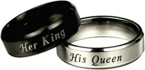 Wedding Rings for Couples Set, Plain Band Ring Engraved with Her King His Queen Stainless Steel Couple Rings Customizable Silver Black
