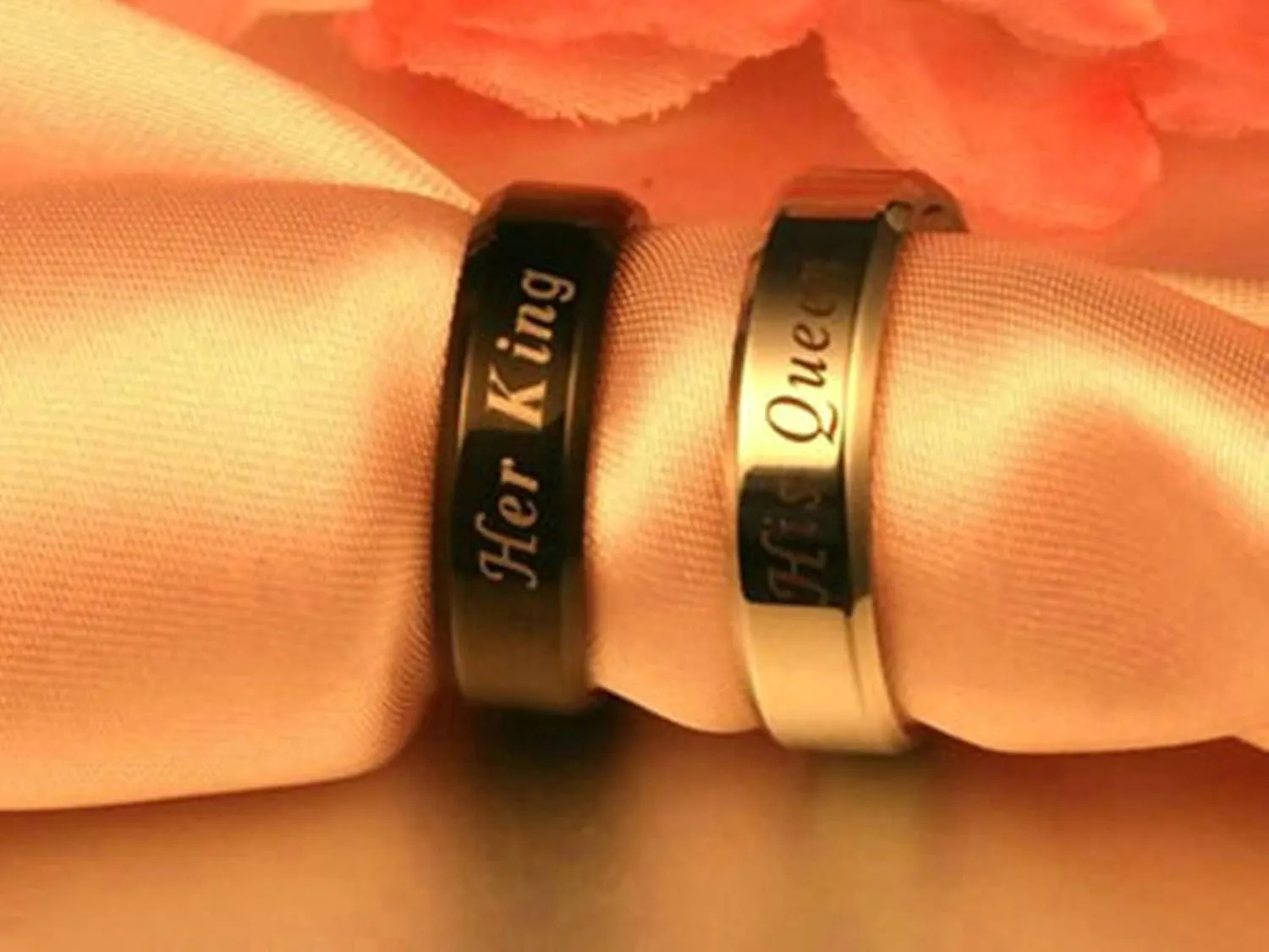 Wedding Rings for Couples Set, Plain Band Ring Engraved with Her King His Queen Stainless Steel Couple Rings Customizable Silver Black