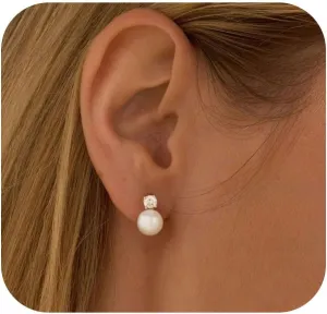 WFYOU Pearl Earrings for Women 925 Sterling Silver Earring 14K Gold Plated Pearls Stud Earrings for Women Trendy White 5 6 7 8 9 10MM Pearl CZ Diamond Hypoallergenic Earring Jewelry Gift