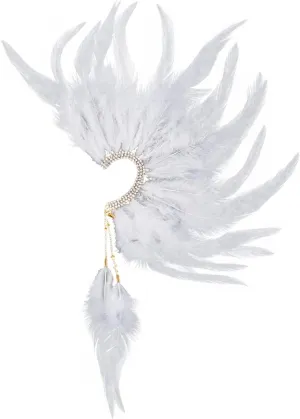 White Feather Ear Cuff Handmade Faux Feather Ear Wrap Non Piercing Tassel Rhinestone Tribal Plume FairyEar Clips Single Left for Women Wedding Cosplay Dress Accessories