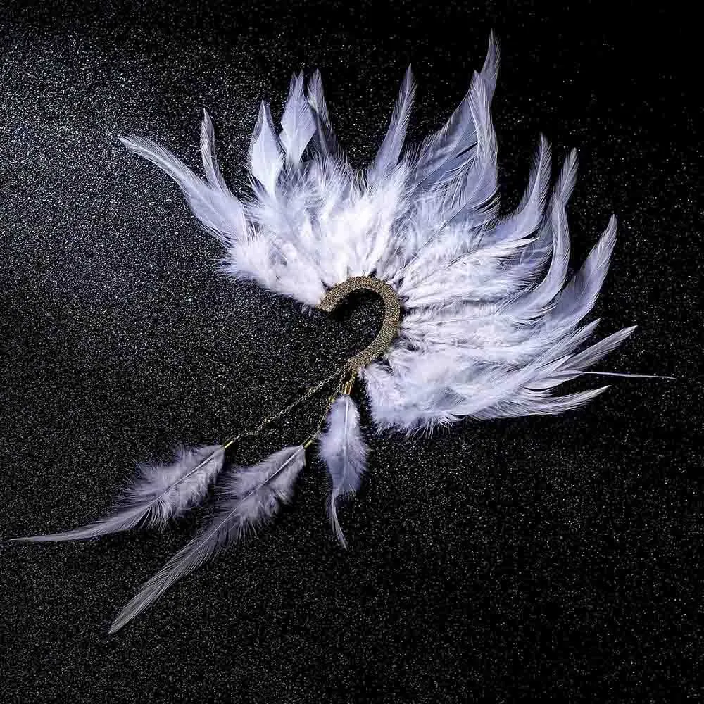 White Feather Ear Cuff Handmade Faux Feather Ear Wrap Non Piercing Tassel Rhinestone Tribal Plume FairyEar Clips Single Left for Women Wedding Cosplay Dress Accessories
