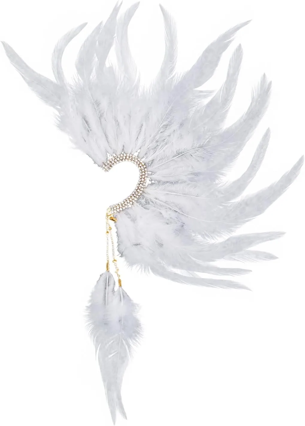White Feather Ear Cuff Handmade Faux Feather Ear Wrap Non Piercing Tassel Rhinestone Tribal Plume FairyEar Clips Single Left for Women Wedding Cosplay Dress Accessories