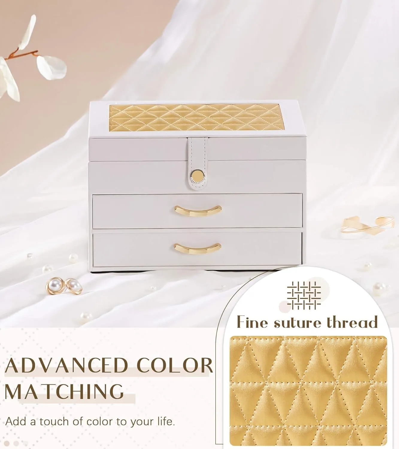 White Jewelry Box Organizer: Home Decor for Women - 2-Drawer Holder for Valentines Day Birthday Christmas White Gold