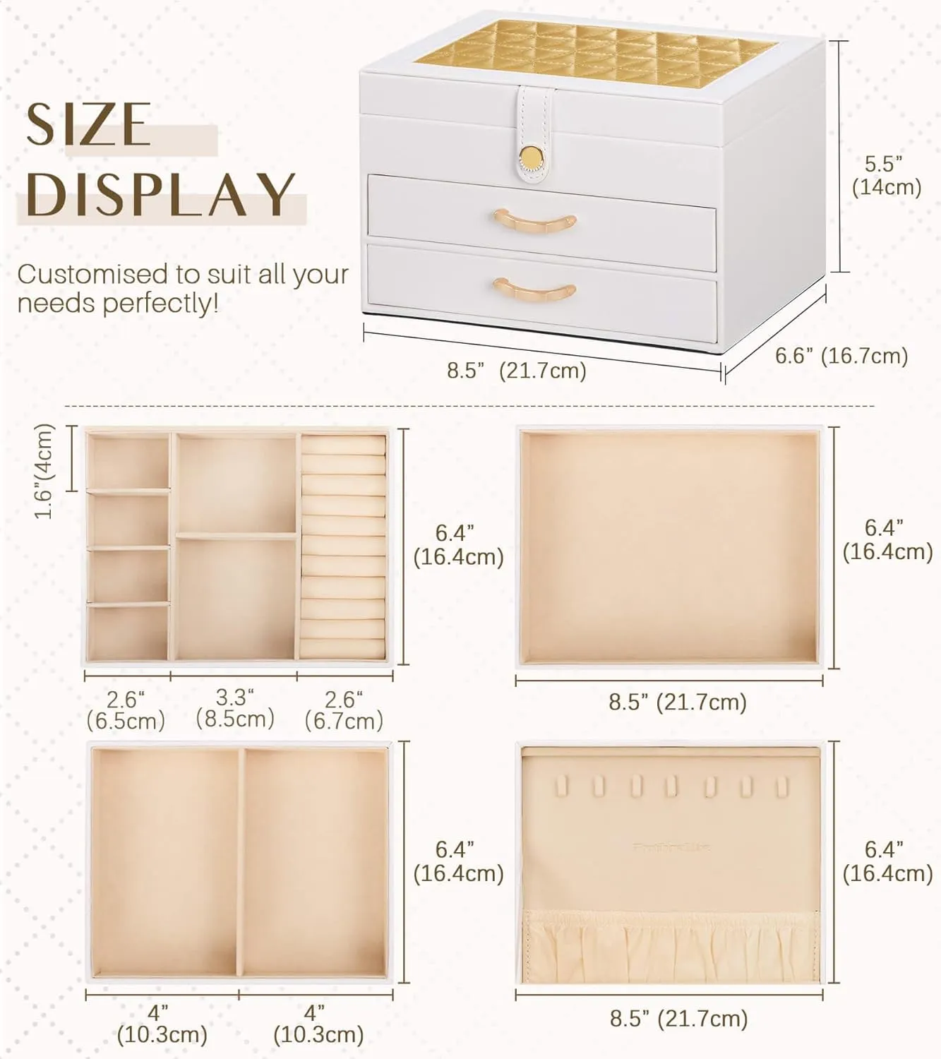 White Jewelry Box Organizer: Home Decor for Women - 2-Drawer Holder for Valentines Day Birthday Christmas White Gold