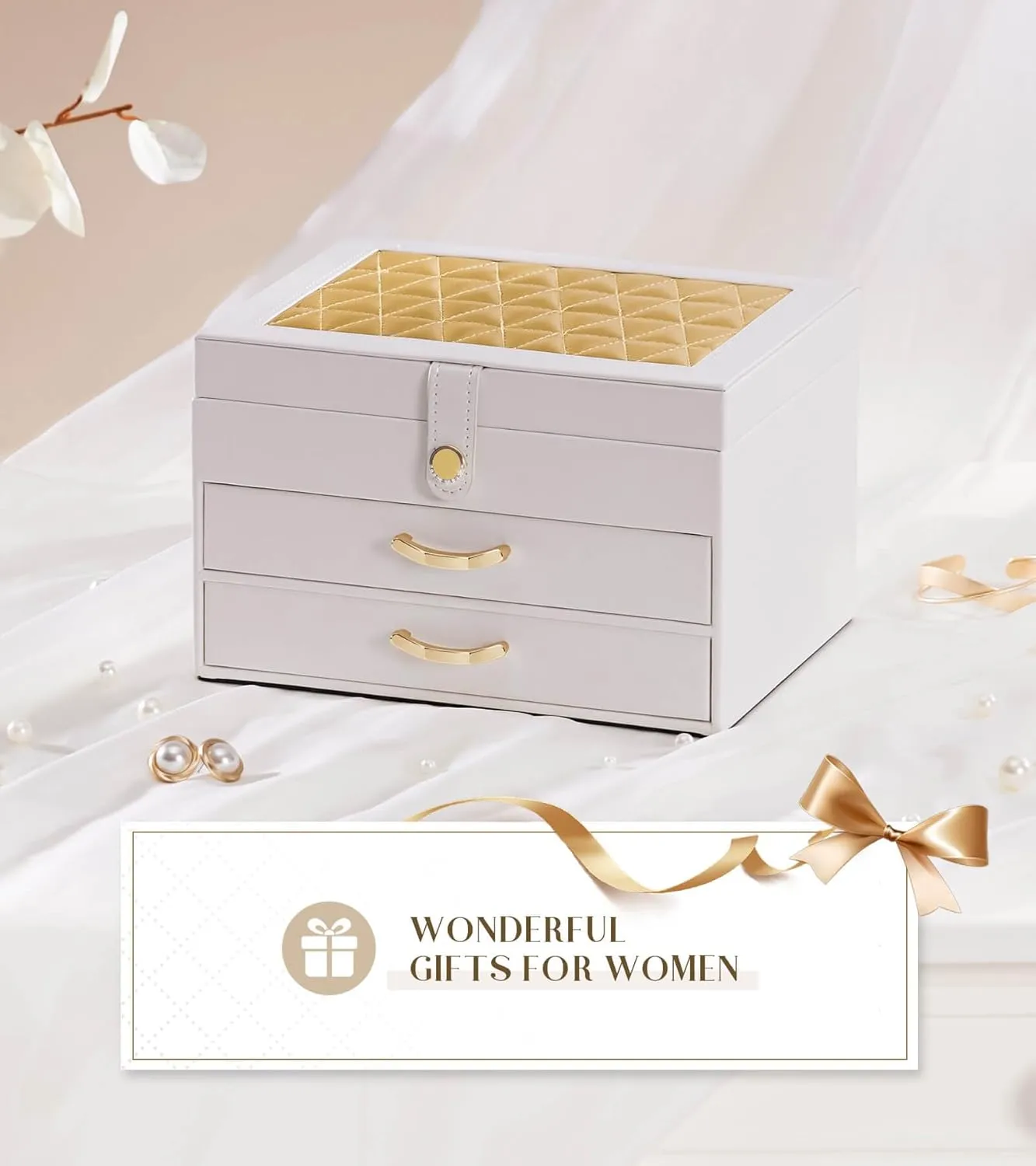 White Jewelry Box Organizer: Home Decor for Women - 2-Drawer Holder for Valentines Day Birthday Christmas White Gold
