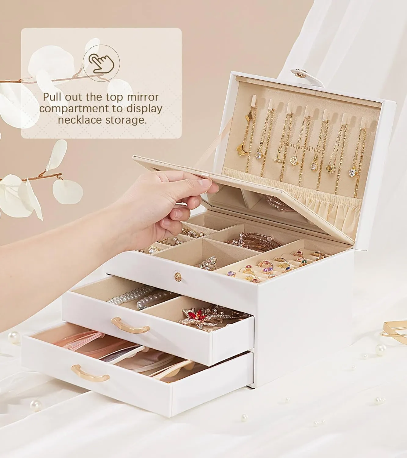 White Jewelry Box Organizer: Home Decor for Women - 2-Drawer Holder for Valentines Day Birthday Christmas White Gold