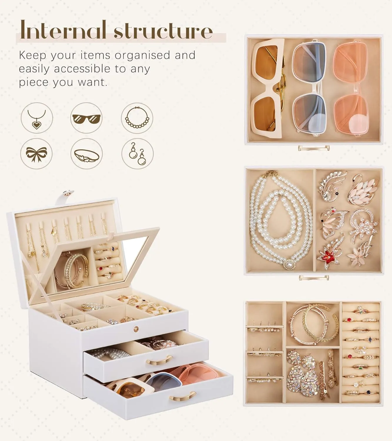 White Jewelry Box Organizer: Home Decor for Women - 2-Drawer Holder for Valentines Day Birthday Christmas White Gold