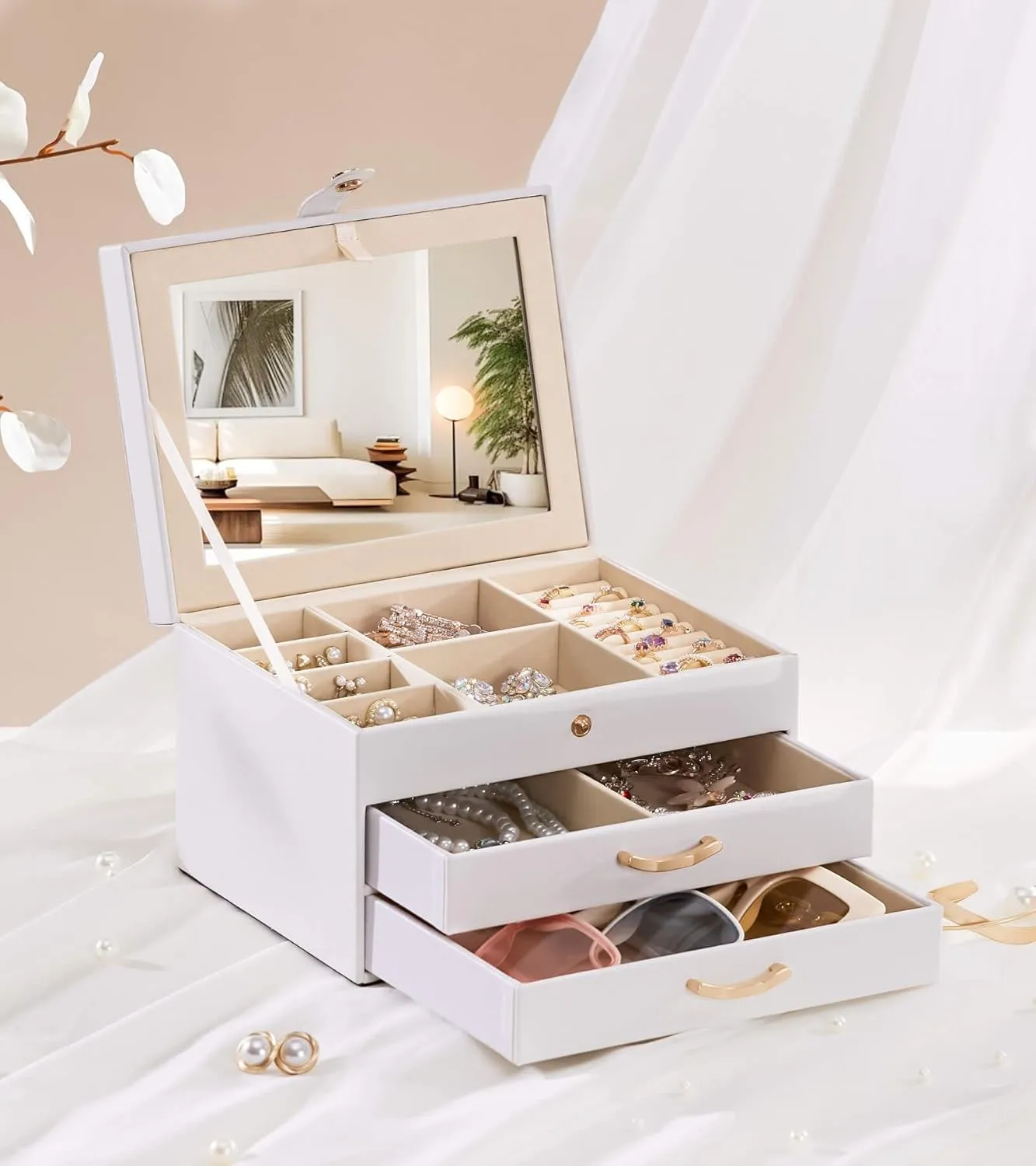 White Jewelry Box Organizer: Home Decor for Women - 2-Drawer Holder for Valentines Day Birthday Christmas White Gold