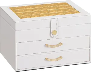 White Jewelry Box Organizer: Home Decor for Women - 2-Drawer Holder for Valentines Day Birthday Christmas White Gold