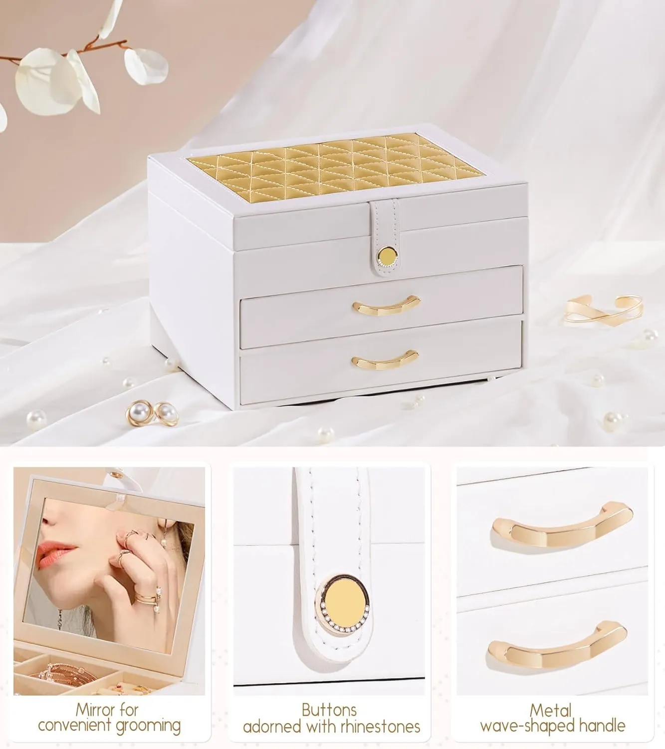 White Jewelry Box Organizer: Home Decor for Women - 2-Drawer Holder for Valentines Day Birthday Christmas White Gold