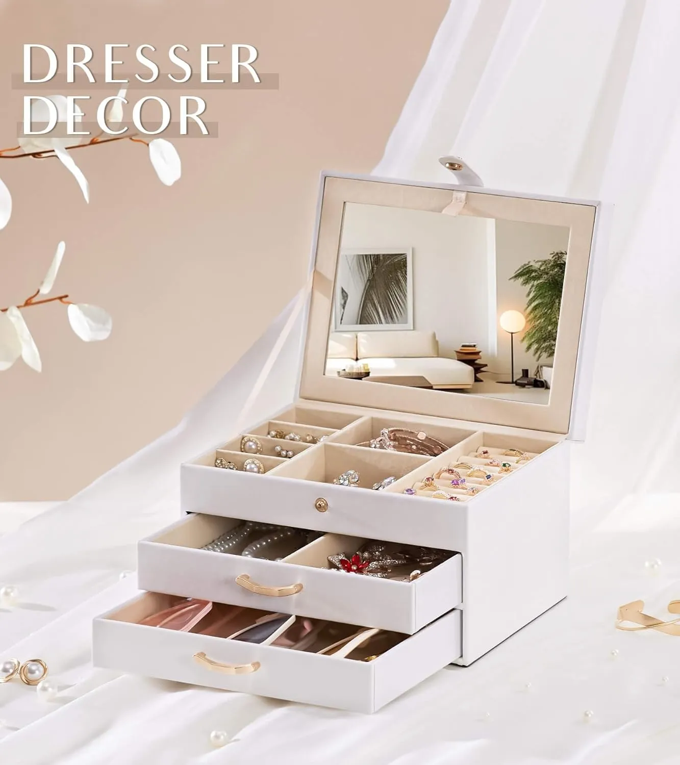 White Jewelry Box Organizer: Home Decor for Women - 2-Drawer Holder for Valentines Day Birthday Christmas White Gold