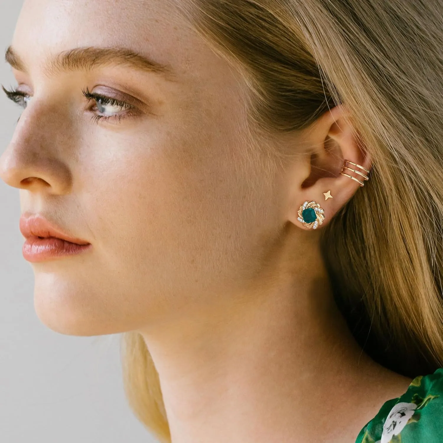 Women Simulated Emerald Stud Earrings 14k Gold Plated Snake Butterfly Studs Cubic Zirconia Small Hypoallergenic Animal Jewelry Gifts