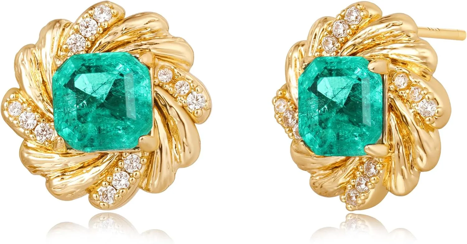 Women Simulated Emerald Stud Earrings 14k Gold Plated Snake Butterfly Studs Cubic Zirconia Small Hypoallergenic Animal Jewelry Gifts