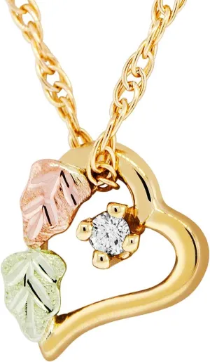 Women's and Teens Small 10k Yellow Gold Diamond Heart Pendant Necklace with 12k Green and Rose Black Hills Gold Accents in Jewelry Gift Box for Special Occasions