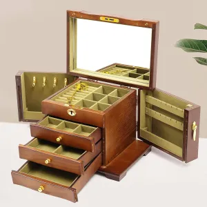 Wooden Jewelry Box for Women 4 Layer Wood Jewelry Boxes & Organizers with Combo Lock for Jewelries, Necklaces, Rings, Vintage Style Jewelry Storage Box with Drawers and Mirror