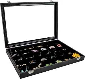 Wudygirl 30 Grid Jewelry Organizer Clear Lid Jewelry Tray Stackable Jewelry Storage Case Display Rings,Earrings,Necklace,Black Velvet (30 Grid)