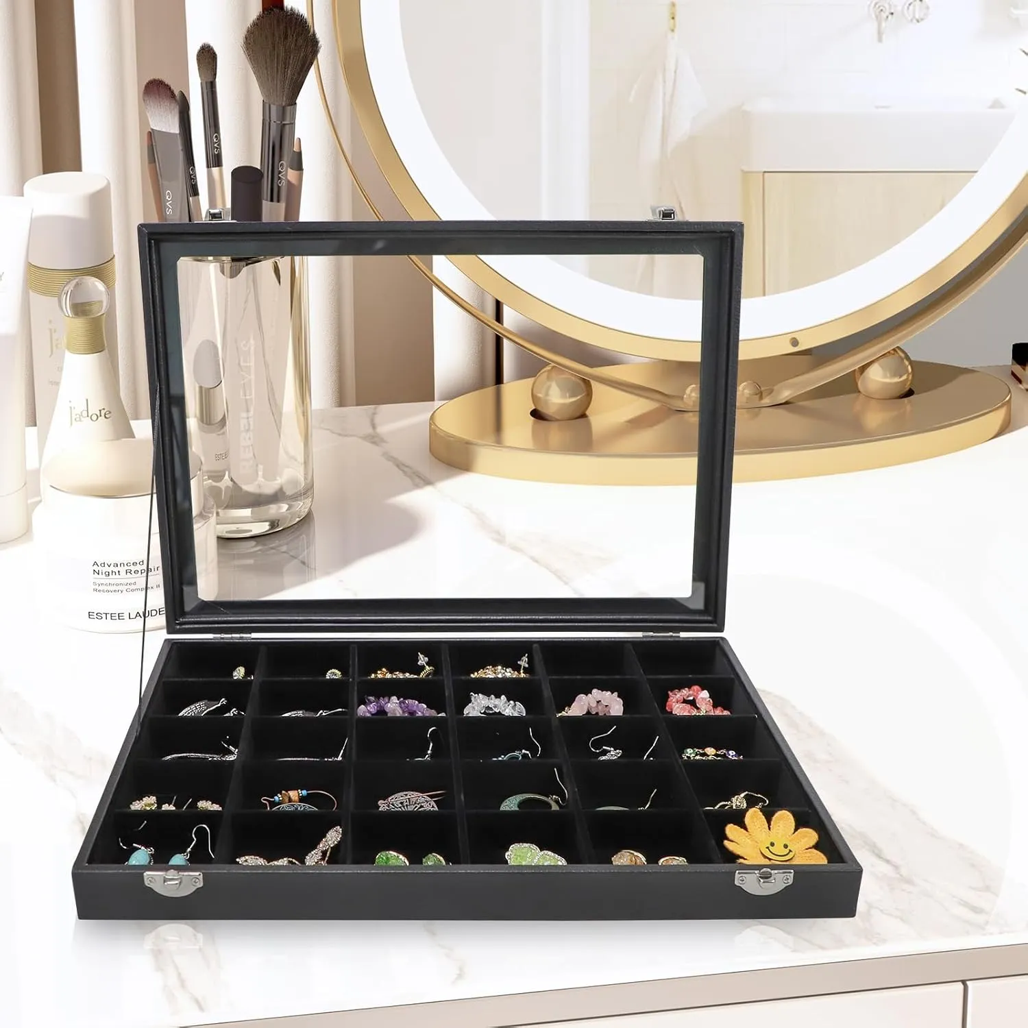 Wudygirl 30 Grid Jewelry Organizer Clear Lid Jewelry Tray Stackable Jewelry Storage Case Display Rings,Earrings,Necklace,Black Velvet (30 Grid)