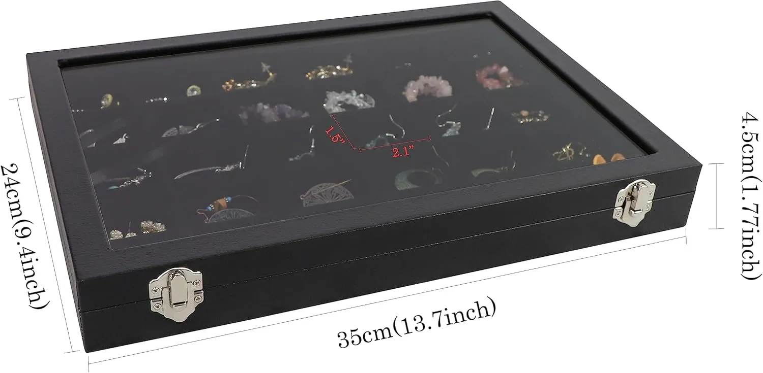 Wudygirl 30 Grid Jewelry Organizer Clear Lid Jewelry Tray Stackable Jewelry Storage Case Display Rings,Earrings,Necklace,Black Velvet (30 Grid)