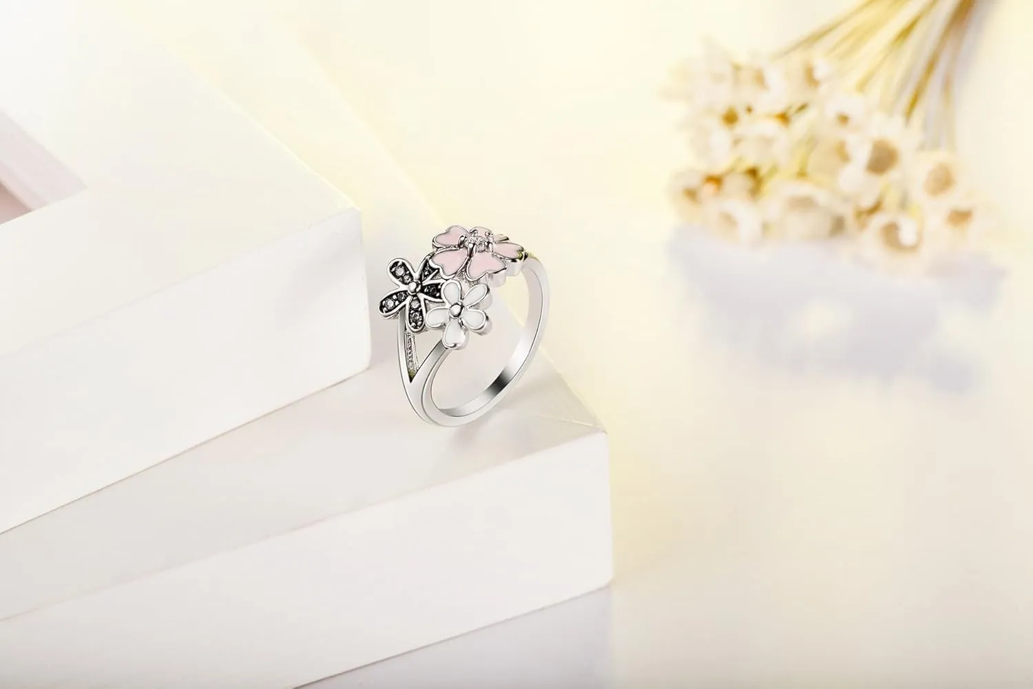 XIALV Fashion 925 Sterling Silver Plated Rings Pink White Enamel Blossom Flower Ring Women' Engagement Ring Jewelry Gift (US Code 9)