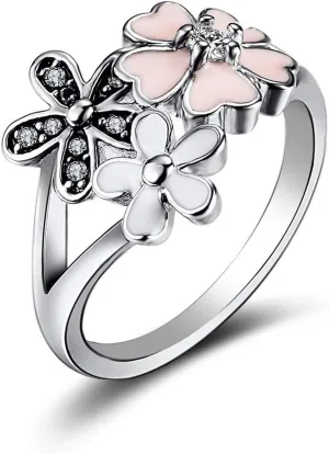 XIALV Fashion 925 Sterling Silver Plated Rings Pink White Enamel Blossom Flower Ring Women' Engagement Ring Jewelry Gift (US Code 9)
