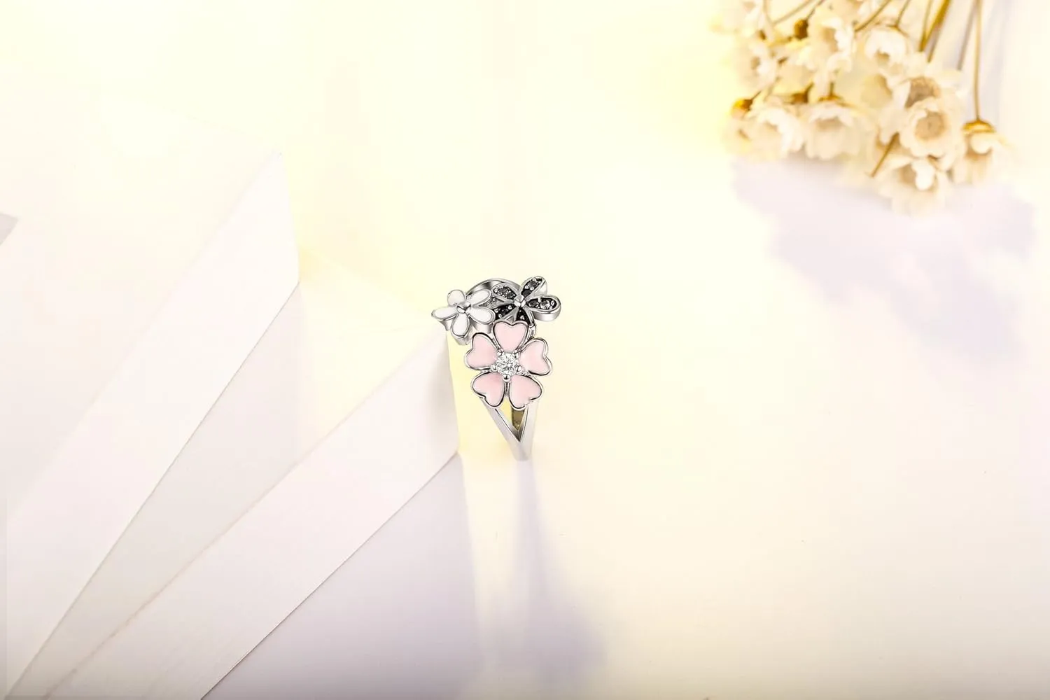 XIALV Fashion 925 Sterling Silver Plated Rings Pink White Enamel Blossom Flower Ring Women' Engagement Ring Jewelry Gift (US Code 9)