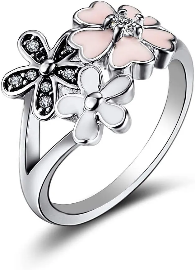 XIALV Fashion 925 Sterling Silver Plated Rings Pink White Enamel Blossom Flower Ring Women' Engagement Ring Jewelry Gift (US Code 9)