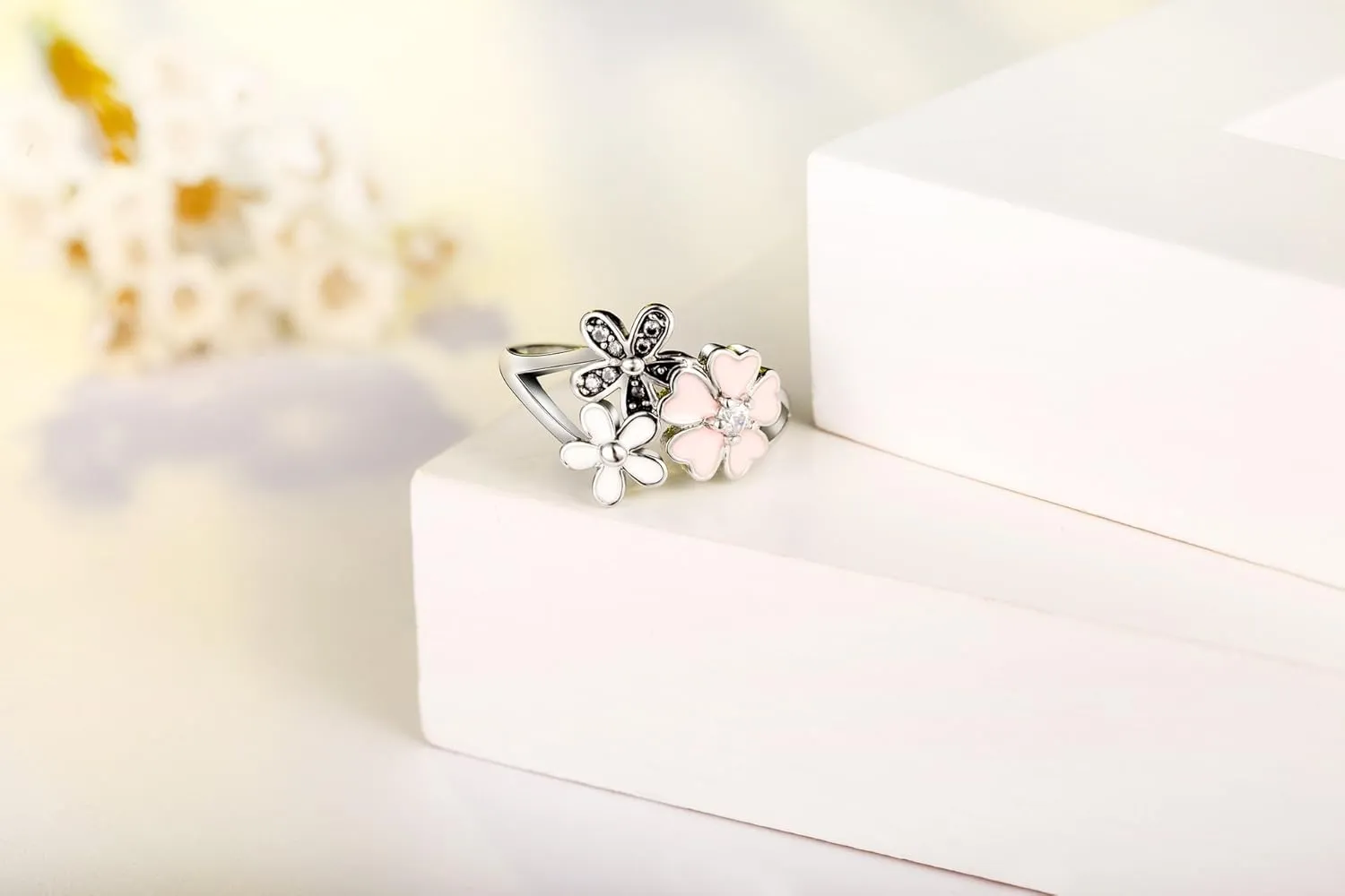 XIALV Fashion 925 Sterling Silver Plated Rings Pink White Enamel Blossom Flower Ring Women' Engagement Ring Jewelry Gift (US Code 9)