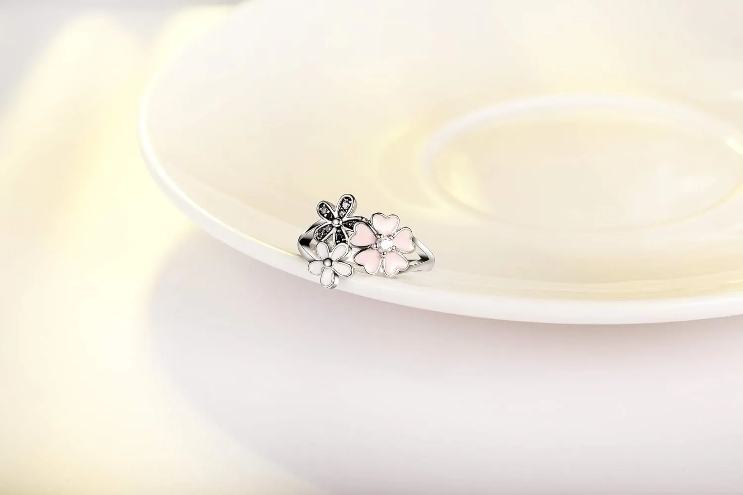 XIALV Fashion 925 Sterling Silver Plated Rings Pink White Enamel Blossom Flower Ring Women' Engagement Ring Jewelry Gift (US Code 9)