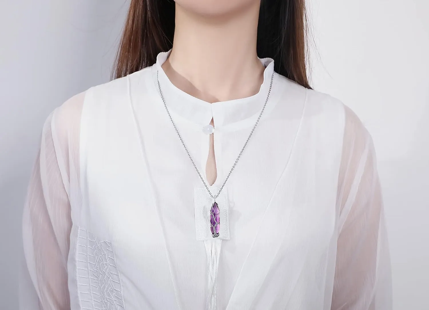 XIANNVXI Tree of Life Wire Wrapped Natural Spiritual Hexagonal Gemstone Quartz Necklace Amethyst Reiki Healing Crystal Stone Point Pendant Necklaces Jewelry for Women