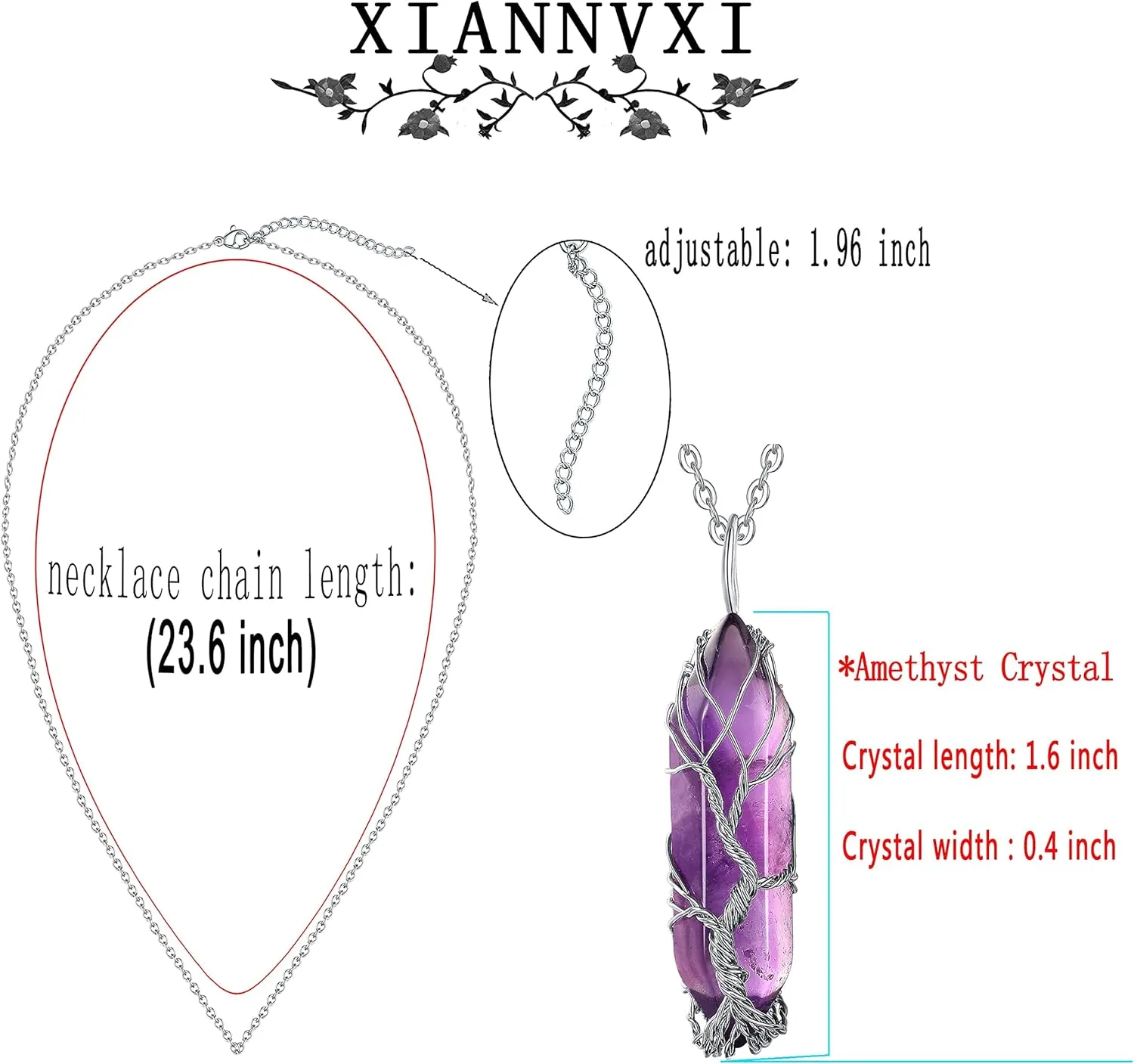 XIANNVXI Tree of Life Wire Wrapped Natural Spiritual Hexagonal Gemstone Quartz Necklace Amethyst Reiki Healing Crystal Stone Point Pendant Necklaces Jewelry for Women