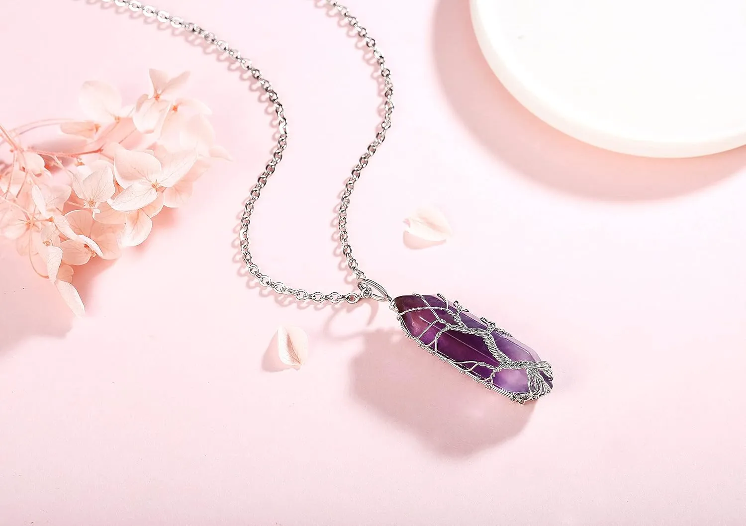 XIANNVXI Tree of Life Wire Wrapped Natural Spiritual Hexagonal Gemstone Quartz Necklace Amethyst Reiki Healing Crystal Stone Point Pendant Necklaces Jewelry for Women