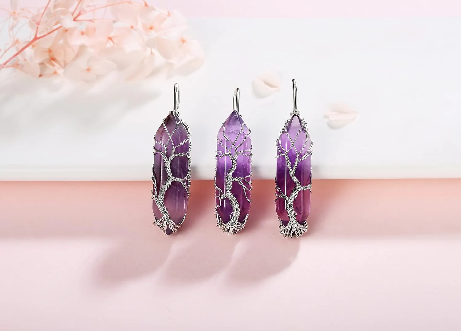 XIANNVXI Tree of Life Wire Wrapped Natural Spiritual Hexagonal Gemstone Quartz Necklace Amethyst Reiki Healing Crystal Stone Point Pendant Necklaces Jewelry for Women