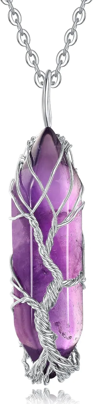 XIANNVXI Tree of Life Wire Wrapped Natural Spiritual Hexagonal Gemstone Quartz Necklace Amethyst Reiki Healing Crystal Stone Point Pendant Necklaces Jewelry for Women