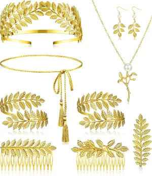 Xinnun 9 Pcs Greek Goddess Costume Accessories Toga Belt Leaves Crown Bracelet Headpiece Earrings Necklace for Women Bridal