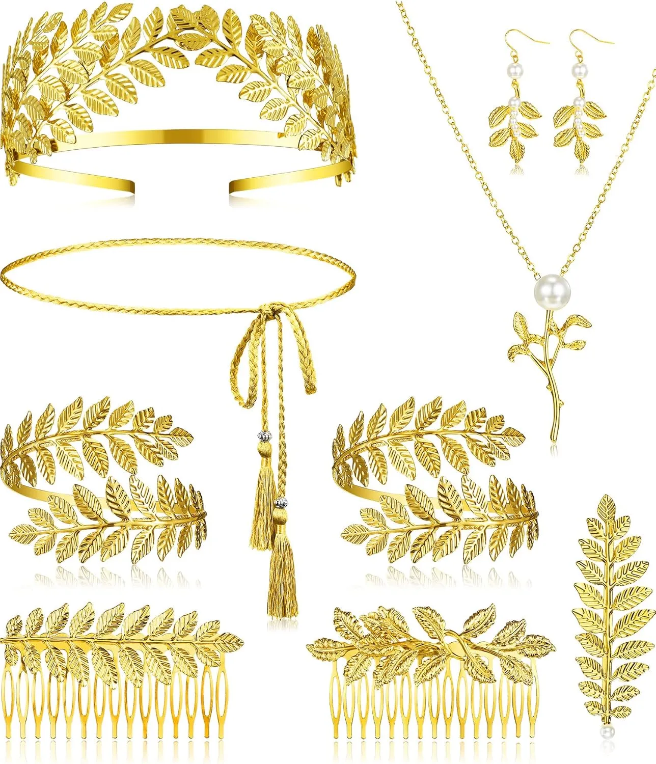 Xinnun 9 Pcs Greek Goddess Costume Accessories Toga Belt Leaves Crown Bracelet Headpiece Earrings Necklace for Women Bridal